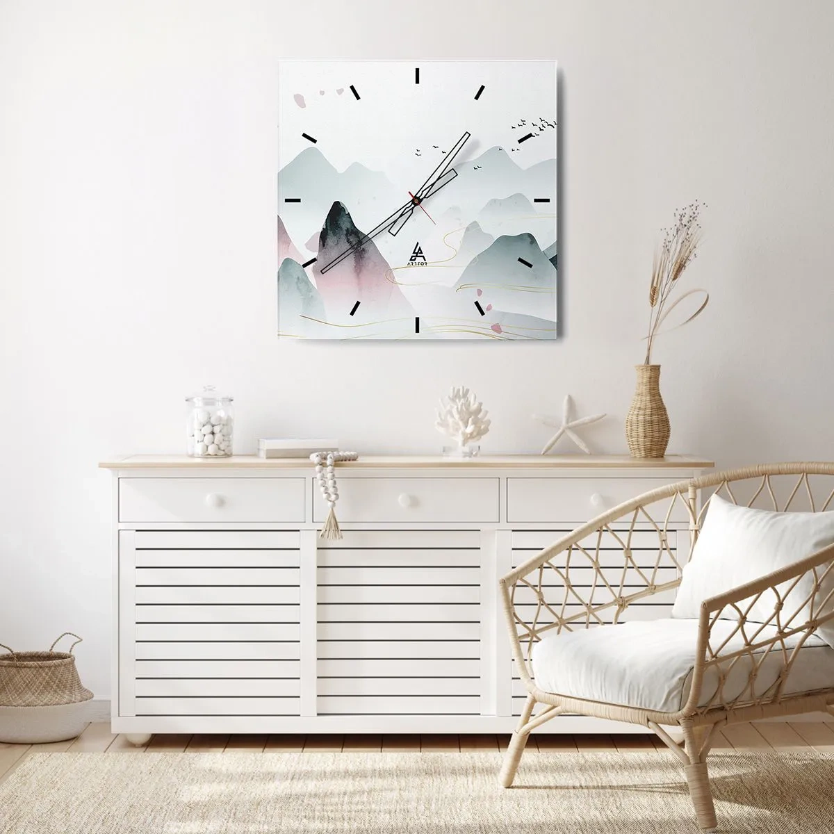 Reloj de pared - Reloj de vidrio - Montañas abstractas en tonos pastel - 30x30cm - Sobre las cimas - Decoración de pared moderna para salón y dormitorio ARTTOR