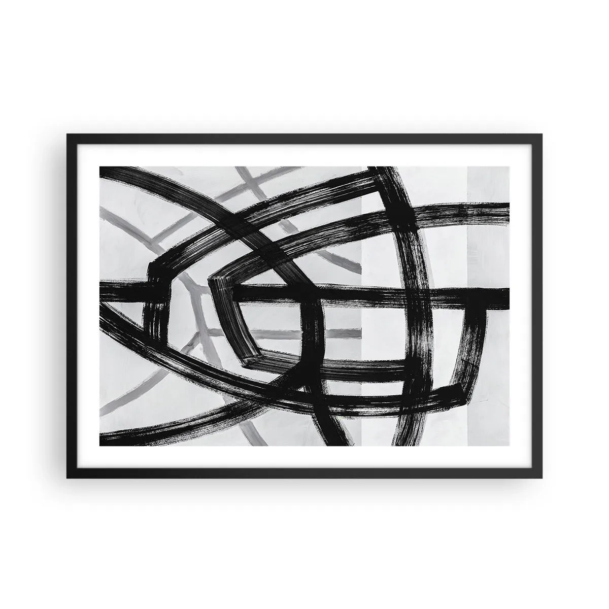 Póster en marco negro - Líneas abstractas en blanco y negro que se cruzan sobre un fondo claro - 70x50cm - Construir profundidad - Decoración de pared moderna para salón y dormitorio ARTTOR