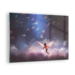 Cuadro sobre vidrio - Impresiones sobre Vidrio - Una figura con alas de ángel flotando entre las nubes. - 70x50cm - Imaginación y valor - Decoración de pared moderna para salón y dormitorio ARTTOR