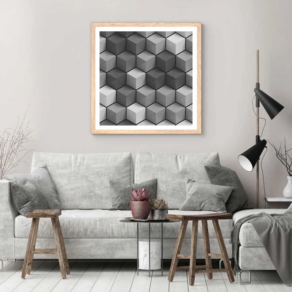 Póster en marco roble claro - Rompecabezas cubista - 50x50 cm