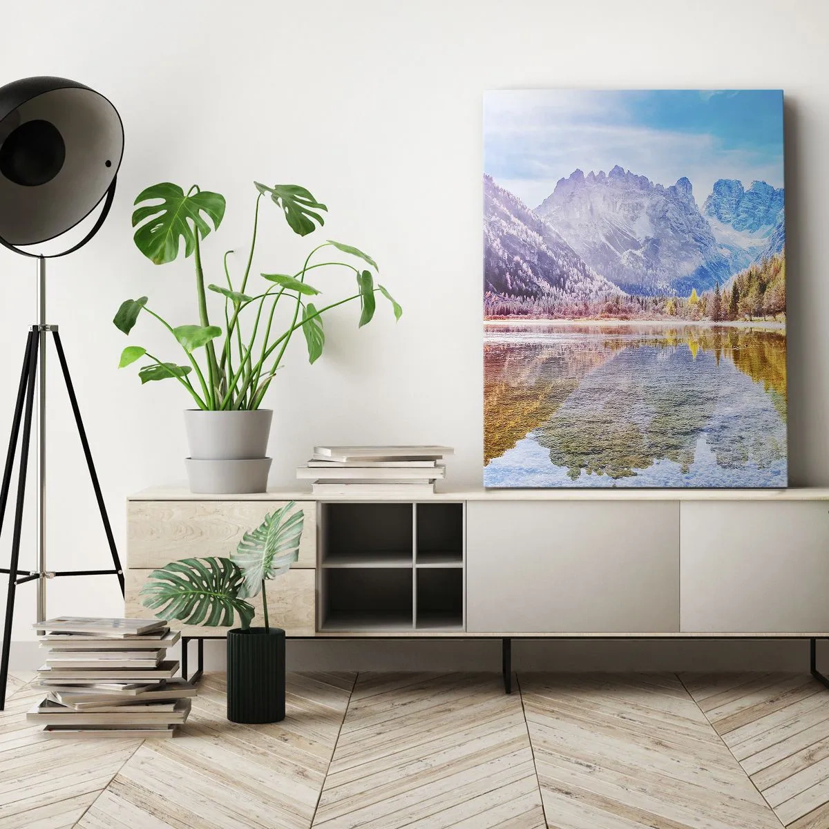 Cuadro sobre lienzo - Impresión de Imagen - Paisaje otoñal de montaña con un lago - 50x70cm - Ya es otoño en las montañas - Decoración de pared moderna para salón y dormitorio ARTTOR