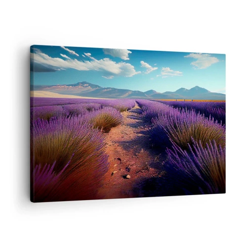 Cuadro sobre lienzo - Impresión de Imagen - Un campo de lavanda con vistas a las montañas y al cielo azul. - 70x50cm - Campos fragantes - Decoración de pared moderna para salón y dormitorio ARTTOR