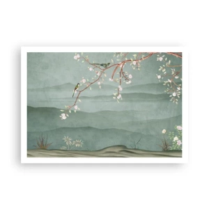 Póster - Una imagen pintoresca de la rama de un árbol en flor con pájaros sobre un fondo de colinas verdes. - 100x70cm - Primavera, ah, eres tú - Decoración de pared moderna para salón y dormitorio ARTTOR