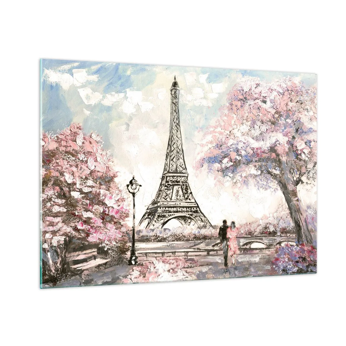 Cuadro sobre vidrio - Impresiones sobre Vidrio - Ilustración de la Torre Eiffel en un entorno primaveral - 100x70cm - Un paseo por París en abril - Decoración de pared moderna para salón y dormitorio ARTTOR