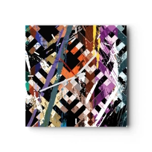 Reloj de pared - Reloj de vidrio - Composición abstracta con líneas de colores sobre fondo negro. - 30x30cm - Elevado al cuadrado - Decoración de pared moderna para salón y dormitorio ARTTOR