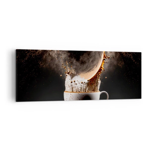 Cuadro sobre lienzo - Impresión de Imagen - Una taza de café con una explosión dinámica de líquido sobre un fondo negro. - 140x50cm - Una explosión de sabor - Decoración de pared moderna para salón y dormitorio ARTTOR