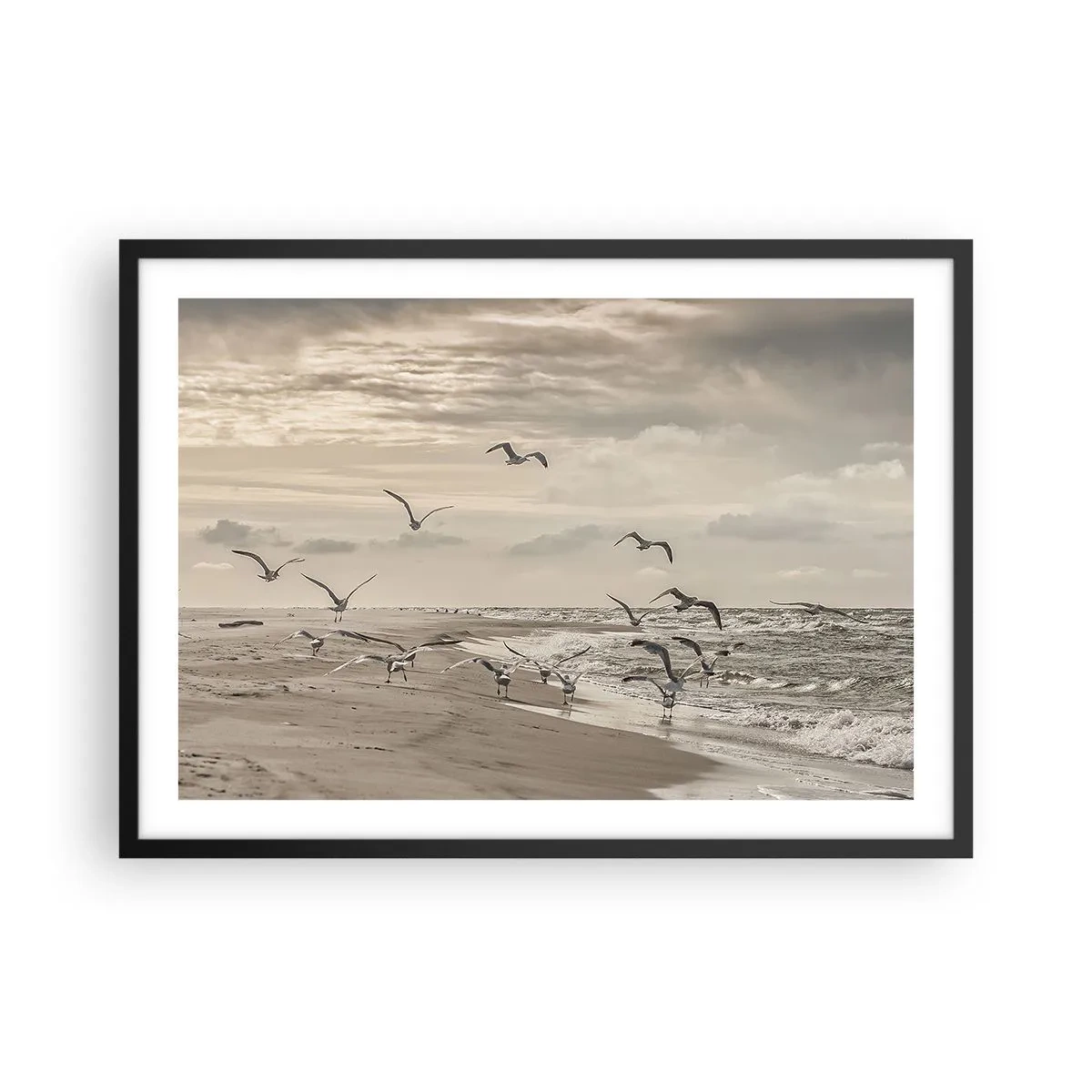 Póster en marco negro - Una gaviota en vuelo sobre un paisaje costero - 70x50cm - El sonido del mar, el canto de los pájaros - Decoración de pared moderna para salón y dormitorio ARTTOR