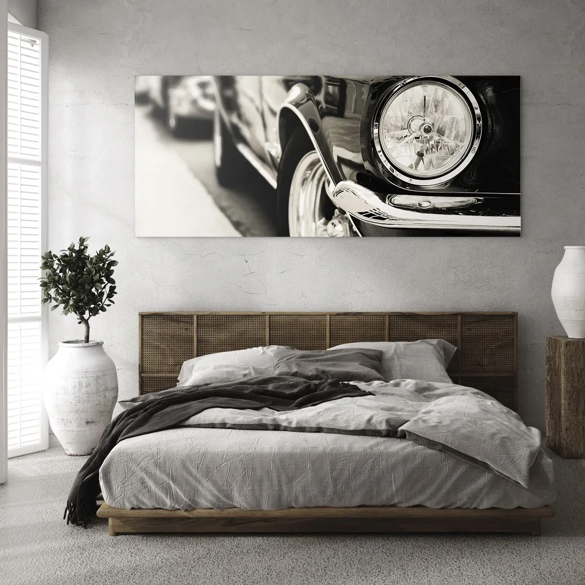 Cuadro sobre vidrio - Impresiones sobre Vidrio - Un coche clásico icónico en elegante blanco y negro. - 160x50cm - Brillo perdurable - Decoración de pared moderna para salón y dormitorio ARTTOR