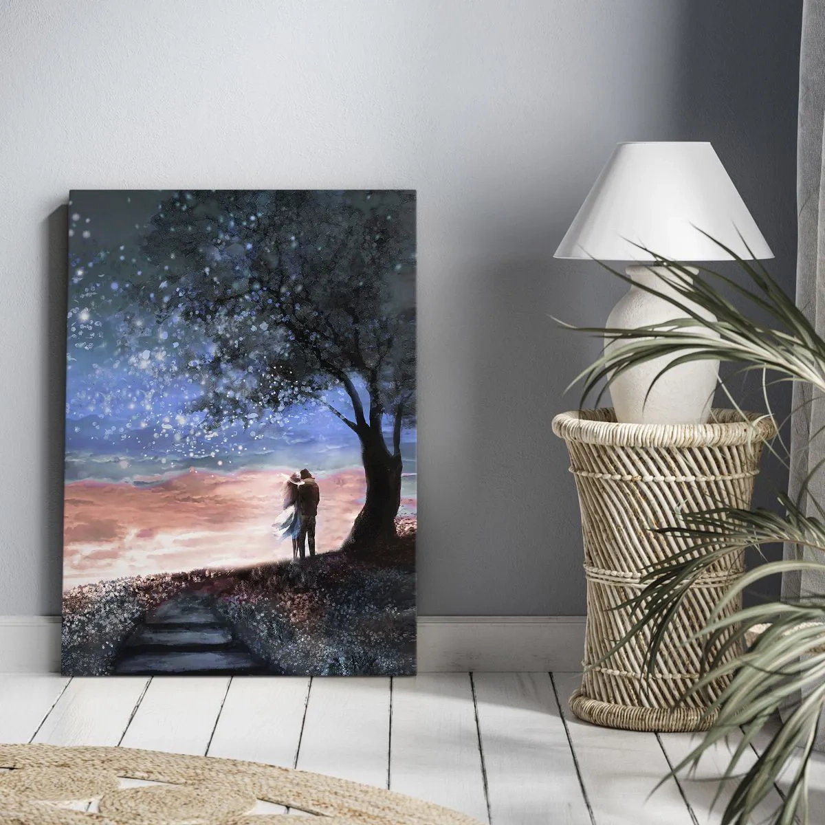 Cuadro sobre lienzo - Impresión de Imagen - Escena romántica de pareja bajo la luna llena - 50x70cm - Un espectáculo estelar - Decoración de pared moderna para salón y dormitorio ARTTOR