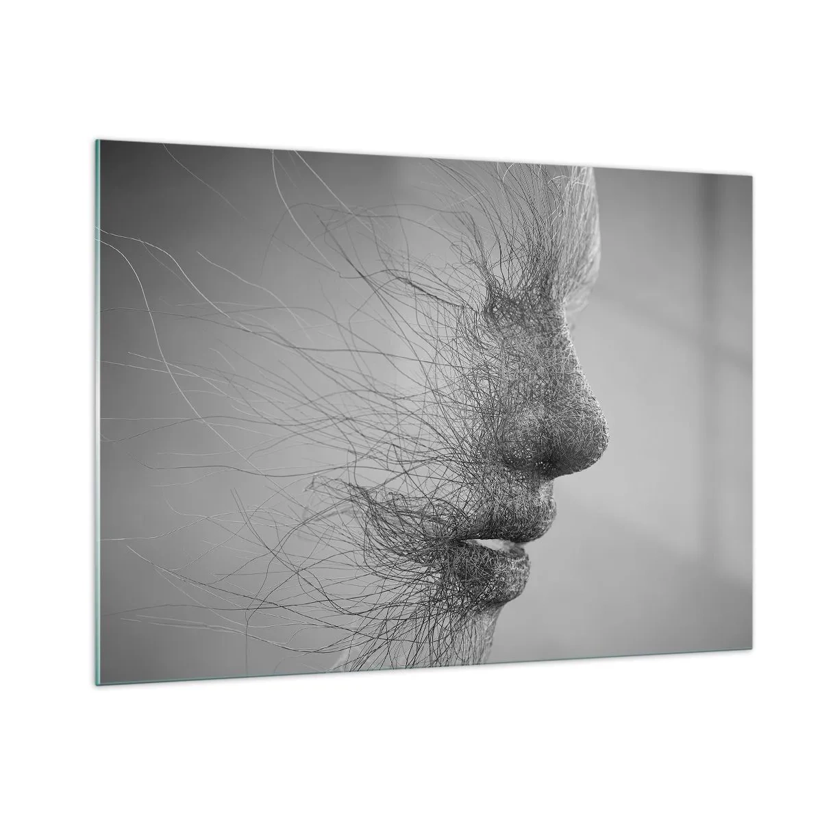 Cuadro sobre vidrio - Impresiones sobre Vidrio - Perfil de rostro abstracto en blanco y negro con líneas - 100x70cm - Espíritu del viento - Decoración de pared moderna para salón y dormitorio ARTTOR