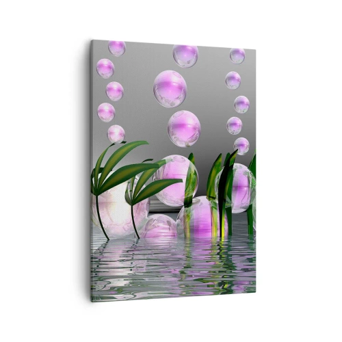 Cuadro sobre lienzo - Impresión de Imagen - Hojas verdes y burbujas rosadas sobre el agua sobre un fondo gris. - 50x70cm - Composición reflexiva de ligereza y vida - Decoración de pared moderna para salón y dormitorio ARTTOR