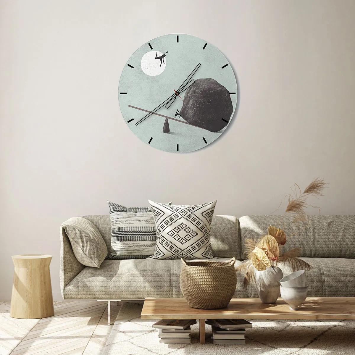 Reloj de pared - Reloj de vidrio - Un personaje es catapultado desde un balancín por una roca hacia la luna. - 30x30cm - Un sueño hecho realidad - Decoración de pared moderna para salón, cocina y dormitorio ARTTOR