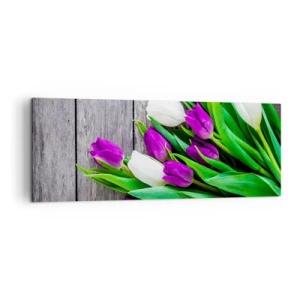 Cuadro sobre lienzo - Impresión de Imagen - Un ramo de tulipanes morados y blancos sobre un fondo de madera. - 140x50cm - El día de la fiesta de la primavera - Decoración de pared moderna para salón y dormitorio ARTTOR