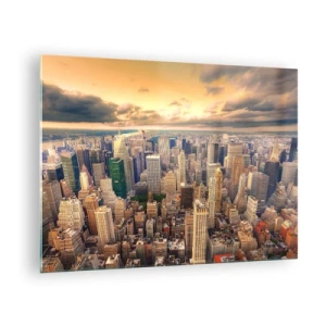 Cuadro sobre vidrio - Impresiones sobre Vidrio - Panorama de la ciudad con rascacielos al atardecer - 70x50cm - Metrópolis dorada - Decoración de pared moderna para salón y dormitorio ARTTOR