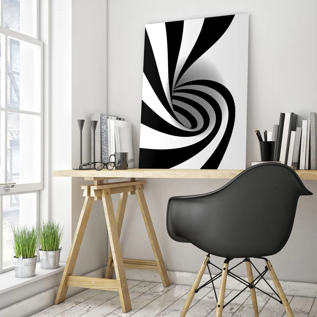 Cuadro sobre vidrio - Impresiones sobre Vidrio - Espiral abstracta en blanco y negro con forma dinámica. - 50x70cm - Y sin embargo, gira - Decoración de pared moderna para salón y dormitorio ARTTOR
