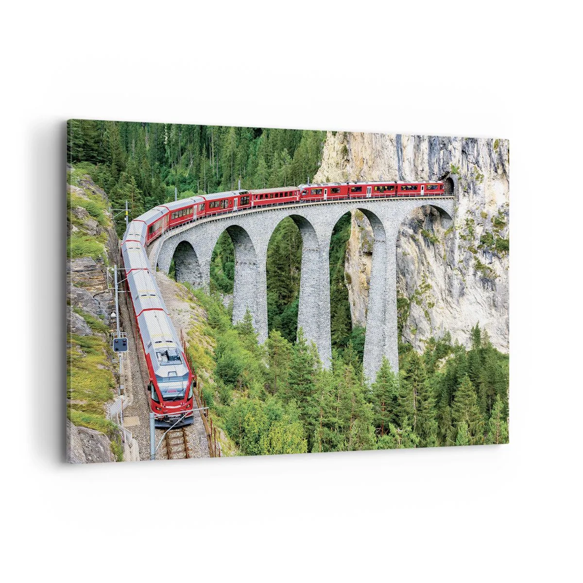 Cuadro sobre lienzo - Impresión de Imagen - Un tren en un pintoresco viaducto en un paisaje montañoso. - 100x70cm - Atravesando las montañas - Decoración de pared moderna para salón y dormitorio ARTTOR