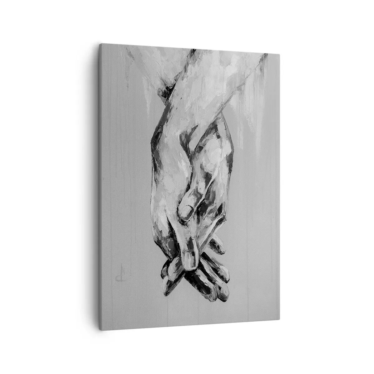 Cuadro sobre lienzo - Impresión de Imagen - Una composición en blanco y negro de dos manos entrelazadas sobre un fondo claro. - 50x70cm - El comienzo... - Decoración de pared moderna para salón y dormitorio ARTTOR