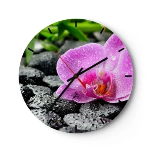 Reloj de pared - Reloj de vidrio - Orquídea rosa sobre piedras mojadas - 30x30cm - Como un corazón abierto - Decoración de pared moderna para salón, cocina y dormitorio ARTTOR