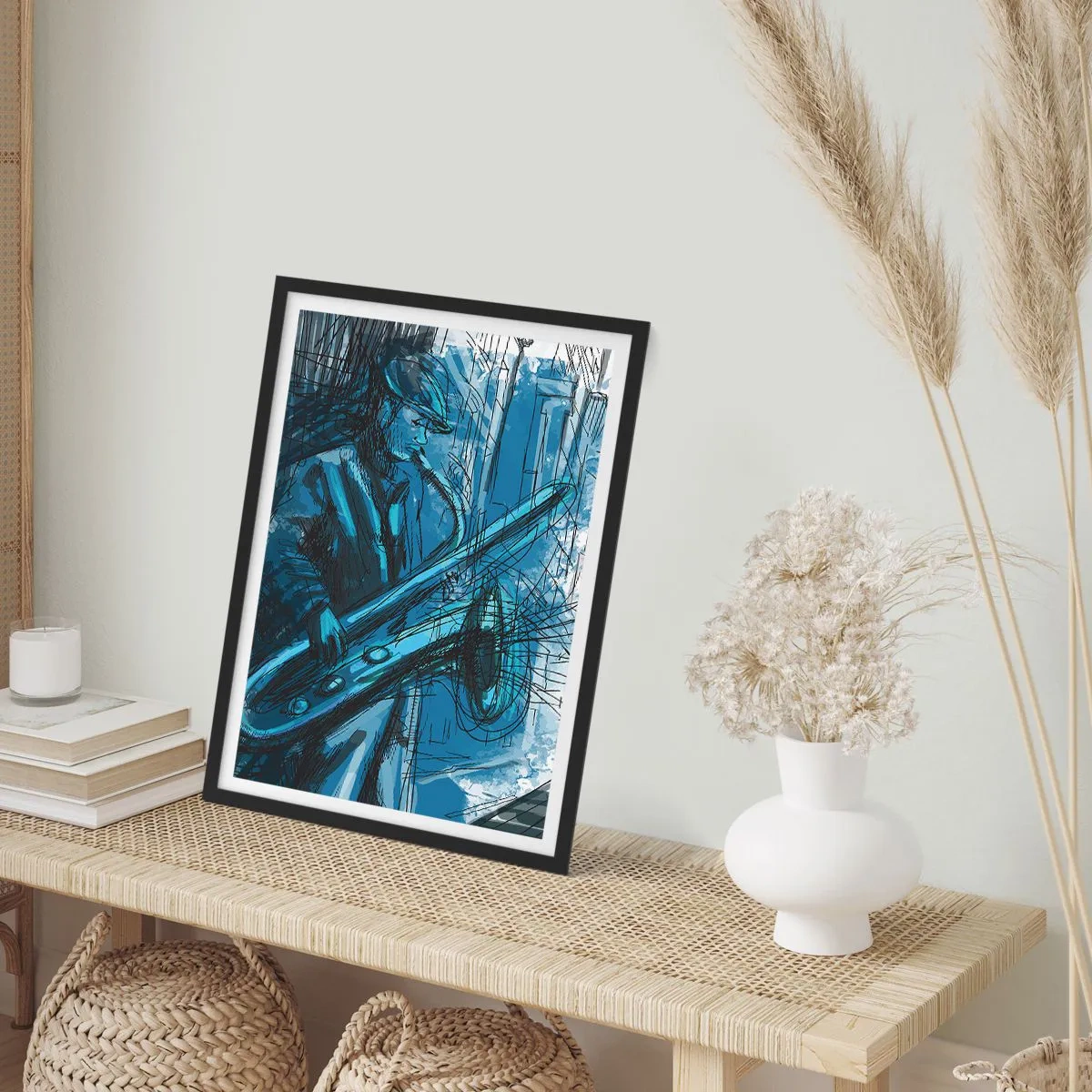 Póster en marco negro - Boceto artístico de un músico tocando el saxofón. - 50x70cm - Rapsodia urbana - Decoración de pared moderna para salón y dormitorio ARTTOR
