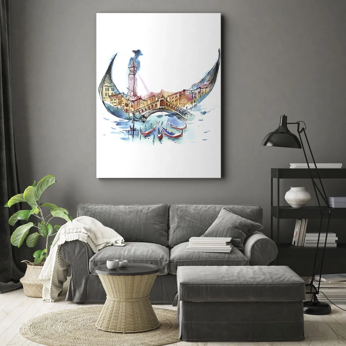 Cuadro sobre lienzo - Impresión de Imagen - Una composición de acuarela de Venecia en forma de góndola. - 80x120cm - Navegamos por la ciudad - Decoración de pared moderna para salón y dormitorio ARTTOR