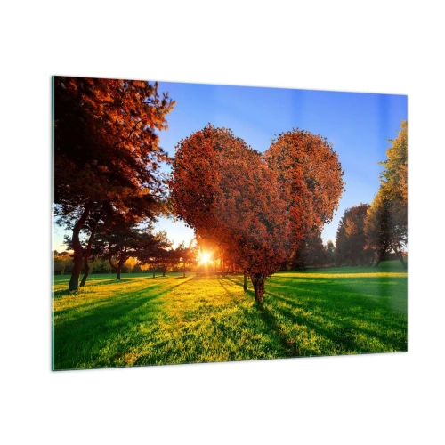 Cuadro sobre vidrio - Impresiones sobre Vidrio - Un árbol en forma de corazón con el sol poniente como telón de fondo. - 100x70cm - Y cómo no amar el otoño - Decoración de pared moderna para salón y dormitorio ARTTOR
