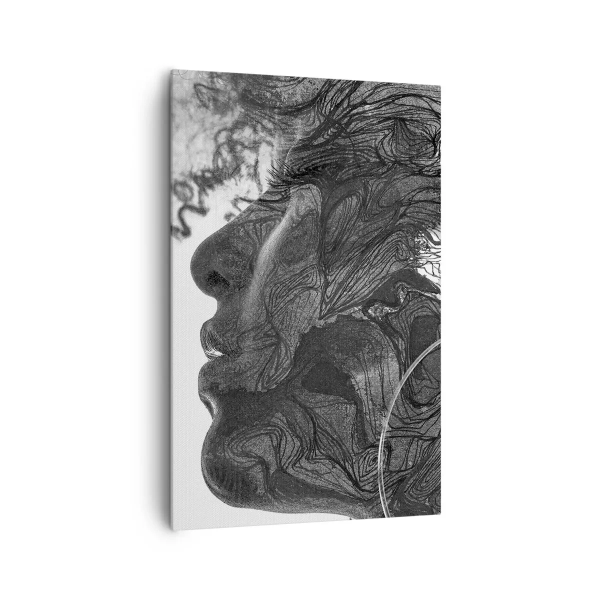 Cuadro sobre lienzo - Impresión de Imagen - Rostro abstracto en blanco y negro con líneas dinámicas. - 80x120cm - Enredada en sueños - Decoración de pared moderna para salón y dormitorio ARTTOR