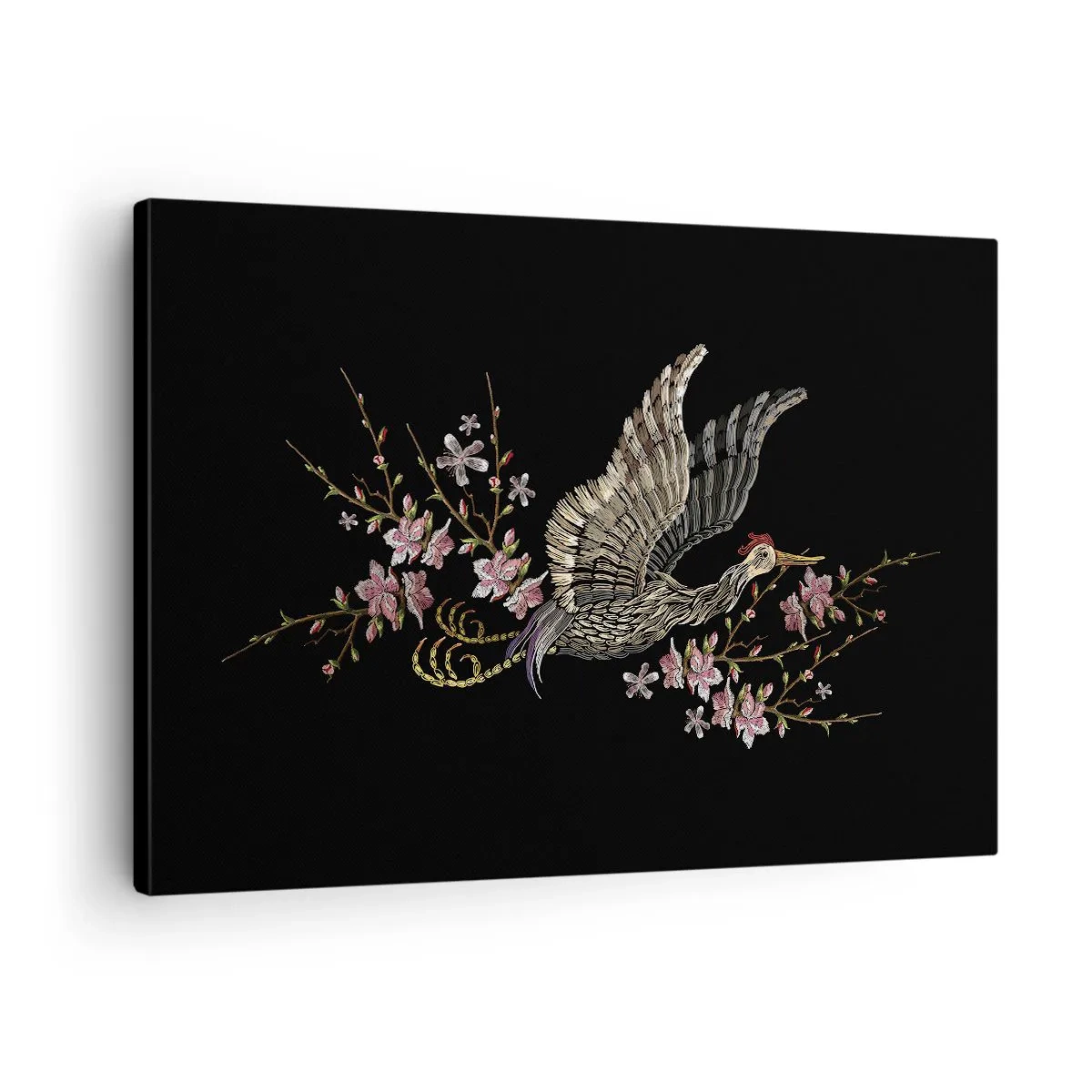Cuadro sobre lienzo - Impresión de Imagen - Un pájaro en vuelo con flores sobre un fondo negro. - 70x50cm - Ave florida - Decoración de pared moderna para salón y dormitorio ARTTOR