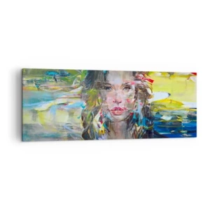 Cuadro sobre lienzo - Impresión de Imagen - Retrato abstracto de una mujer en colores intensos. - 140x50cm - Tras el velo del aire - Decoración de pared moderna para salón y dormitorio ARTTOR