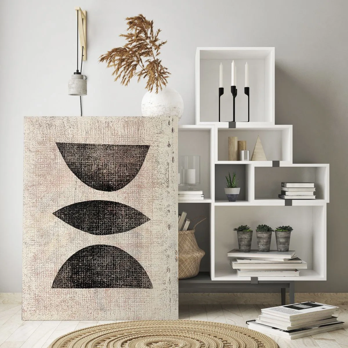 Cuadro sobre vidrio - Impresiones sobre Vidrio - Formas étnicas en tonos oscuros sobre un fondo claro. - 70x100cm - Abstracción étnica - Decoración de pared moderna para salón y dormitorio ARTTOR