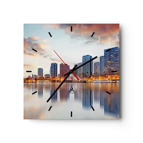 Reloj de pared - Reloj de vidrio - Panorama de edificios modernos y la Torre Eiffel sobre el agua - 30x30cm - La calma monumental de París - Decoración de pared moderna para salón y dormitorio ARTTOR