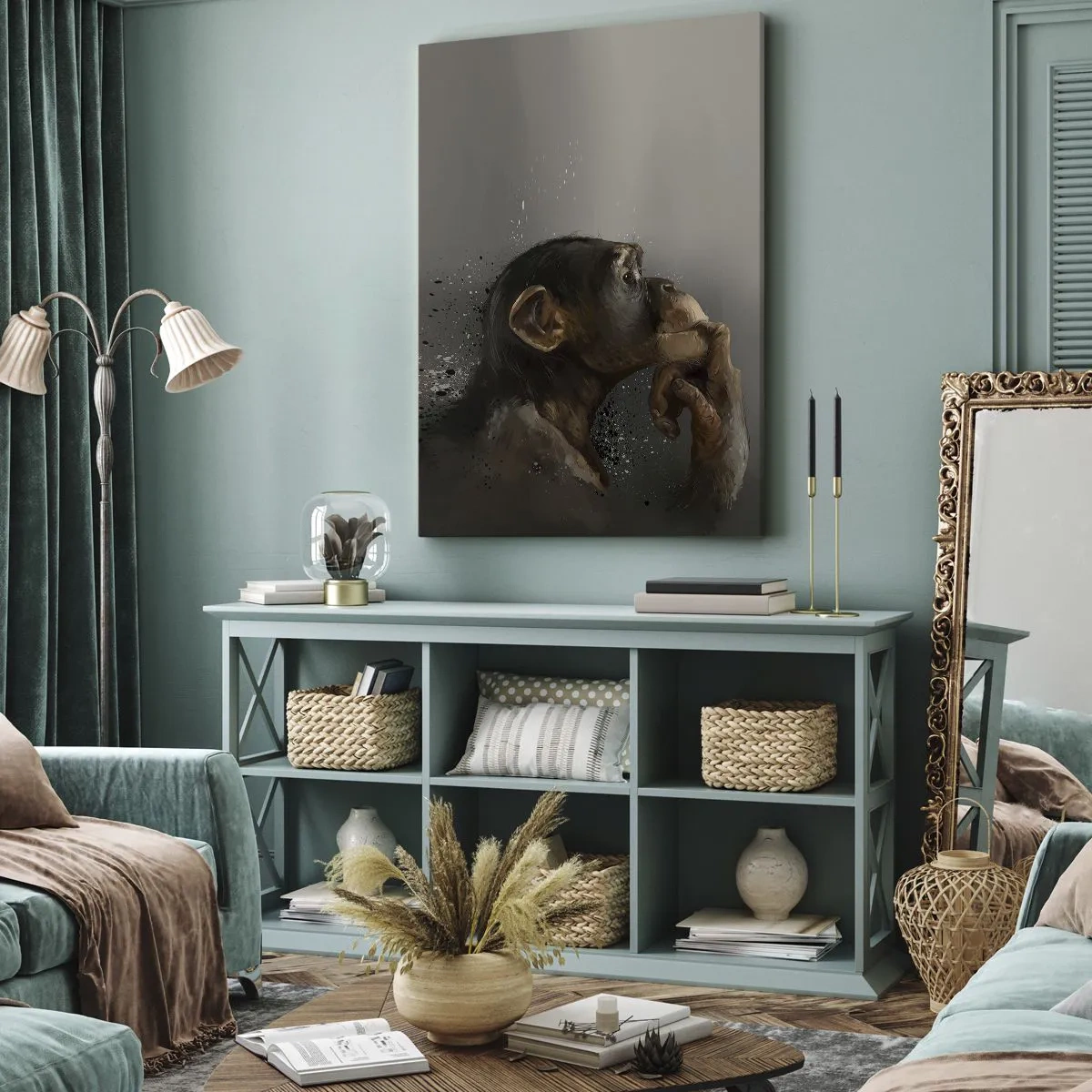 Cuadro sobre lienzo - Impresión de Imagen - Retrato de un mono en pose reflexiva sobre un fondo gris. - 50x70cm - La evolución del pensador - Decoración de pared moderna para salón y dormitorio ARTTOR