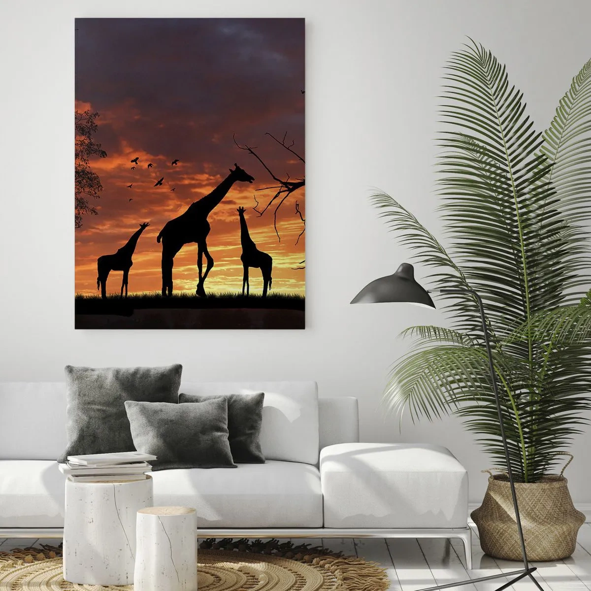 Cuadro sobre vidrio - Impresiones sobre Vidrio - Siluetas de jirafas con el atardecer africano como telón de fondo - 80x120cm - Una pequeña cena con tus seres queridos - Decoración de pared moderna para salón y dormitorio ARTTOR