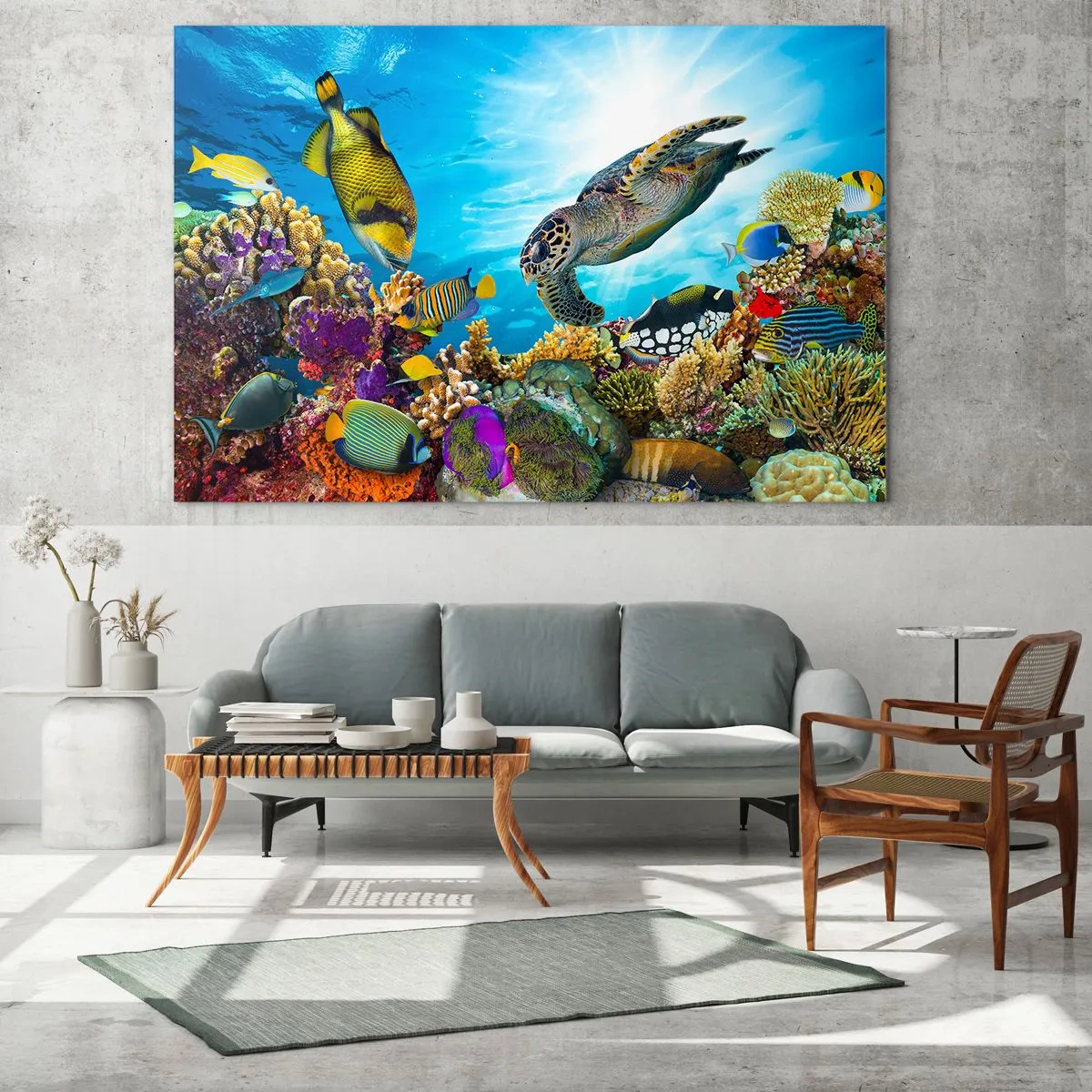 Cuadro sobre vidrio - Impresiones sobre Vidrio - Escena submarina con tortugas, peces y corales. - 70x50cm - Paseo del coral - Decoración de pared moderna para salón y dormitorio ARTTOR
