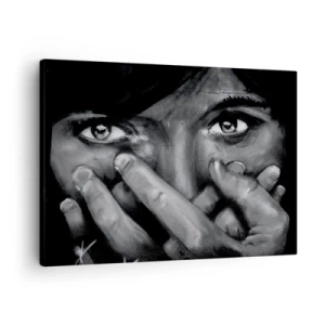 Cuadro sobre lienzo - Impresión de Imagen - Retrato en blanco y negro de una mujer cubriéndose la cara con las manos. - 70x50cm - No diré quién lo pintó - Decoración de pared moderna para salón y dormitorio ARTTOR