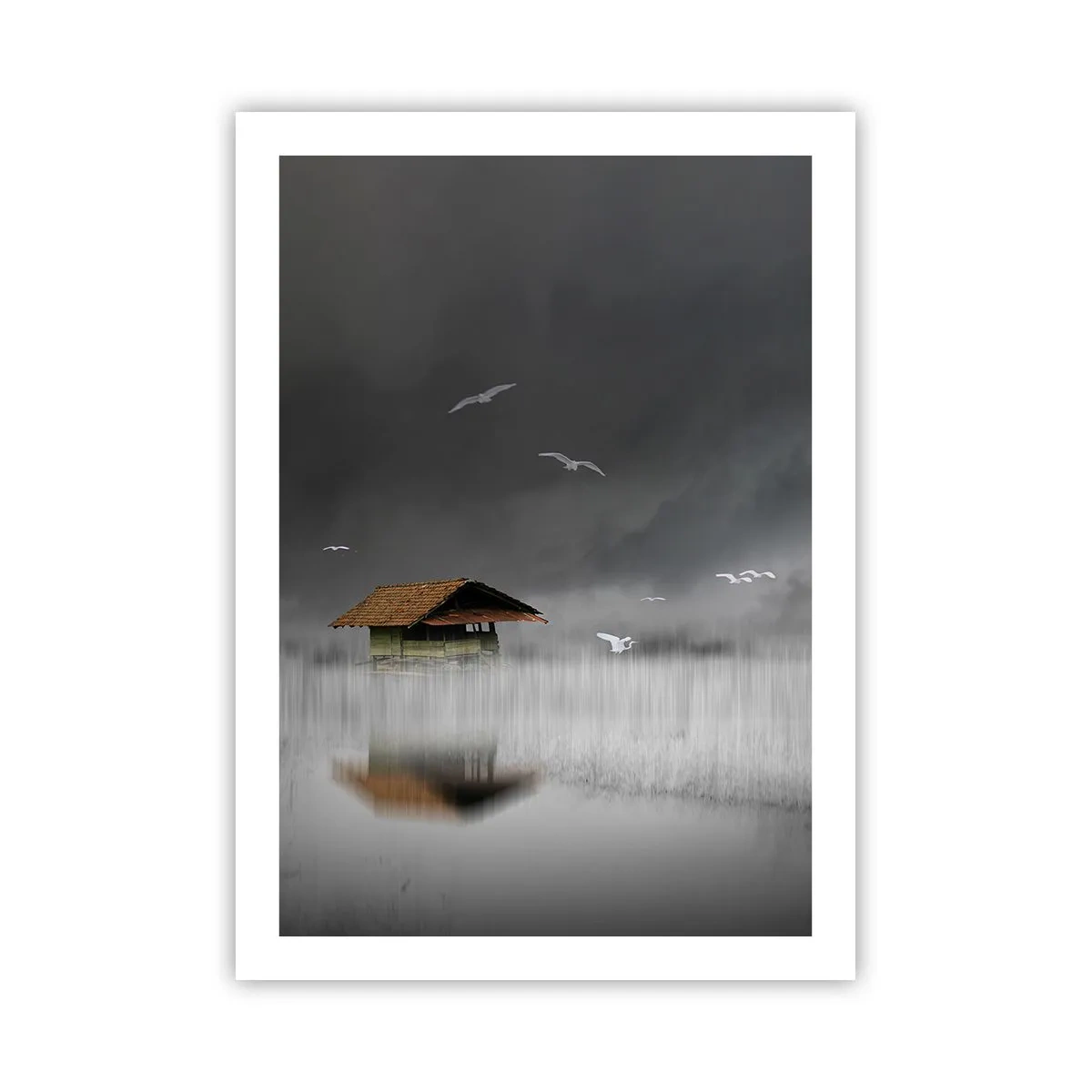 Póster - Una casa flotante rodeada de niebla con pájaros sobre un fondo oscuro. - 50x70cm - Resguardo de la lluvia - Decoración de pared moderna para salón y dormitorio ARTTOR