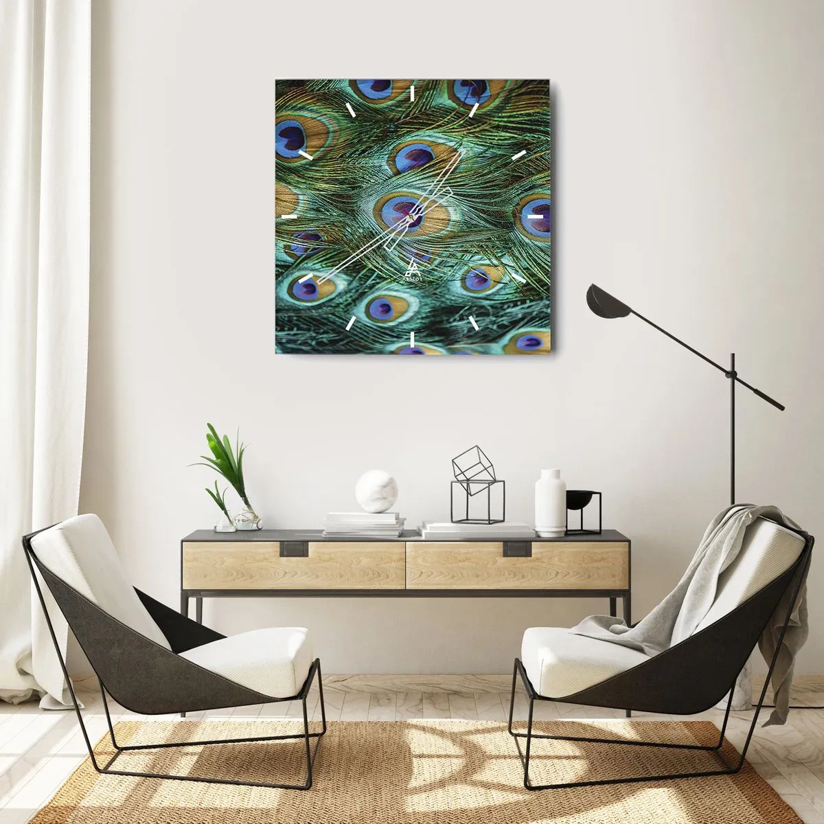 Reloj de pared - Reloj de vidrio - Mirada de pavo real - 30x30 cm