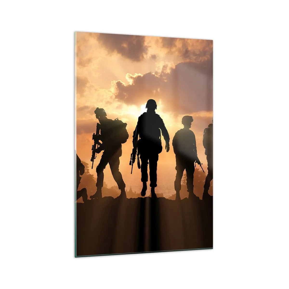 Cuadro sobre vidrio - Impresiones sobre Vidrio - Soldados con el sol poniente como telón de fondo en un entorno dinámico. - 70x100cm - Hermanos de armas - Decoración de pared moderna para salón y dormitorio ARTTOR