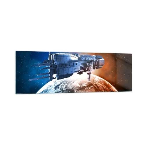 Cuadro sobre vidrio - Impresiones sobre Vidrio - Una nave espacial con un planeta en el espacio como telón de fondo. - 160x50cm - Un observador atento - Decoración de pared moderna para salón y dormitorio ARTTOR