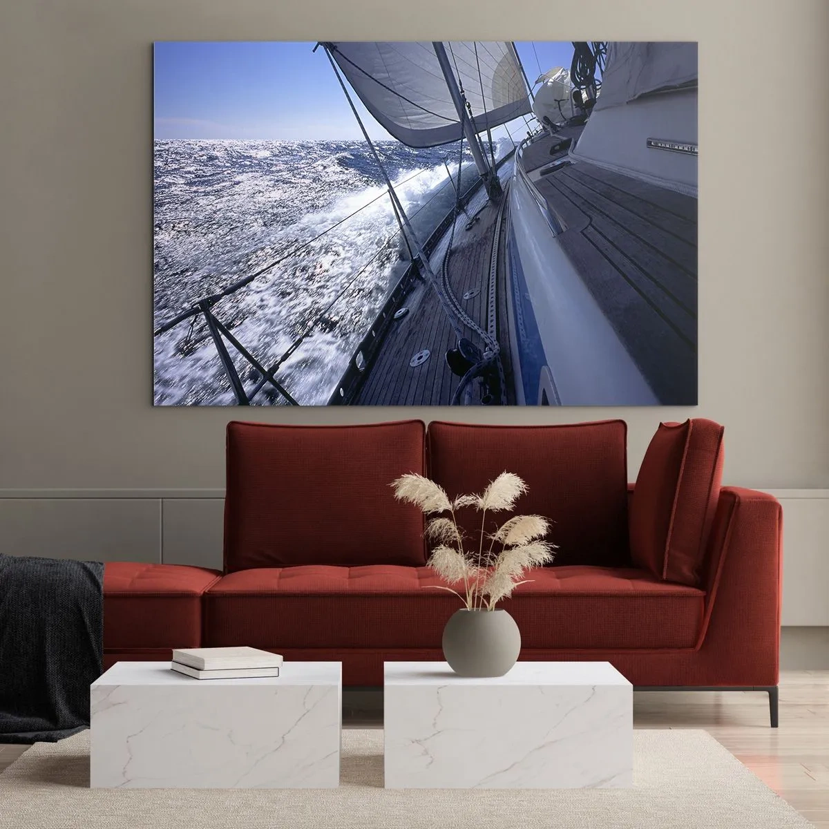 Cuadro sobre vidrio - Impresiones sobre Vidrio - Un yate navegando en un mar tempestuoso con tiempo soleado. - 120x80cm - Sé lo que es ser un pájaro - Decoración de pared moderna para salón y dormitorio ARTTOR