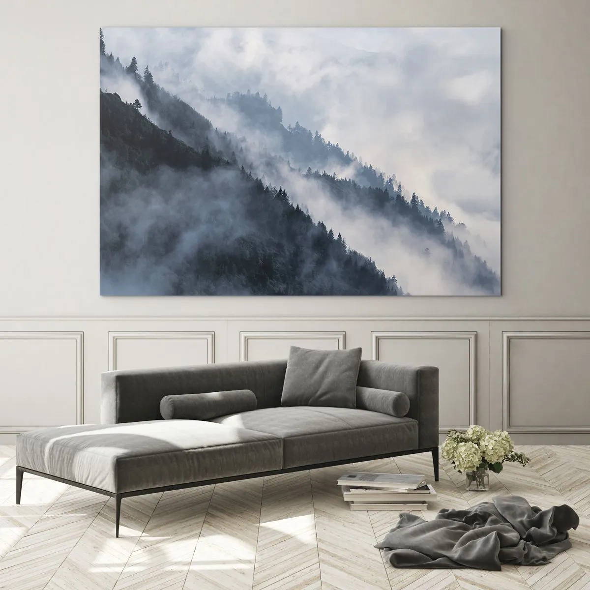 Cuadro sobre vidrio - Impresiones sobre Vidrio - Panorama de montaña brumoso con un bosque oscuro - 100x70cm - Misticismo de las montañas - Decoración de pared moderna para salón y dormitorio ARTTOR