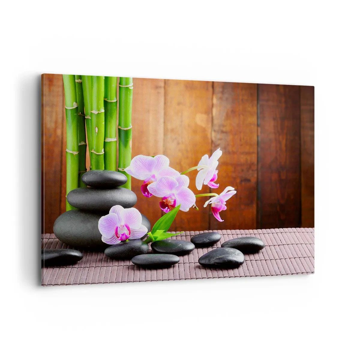 Cuadro sobre lienzo - Impresión de Imagen - Bambú de estilo zen, piedras y orquídeas rosas sobre un fondo de madera. - 100x70cm - Experimente los placeres de Oriente - Decoración de pared moderna para salón y dormitorio ARTTOR