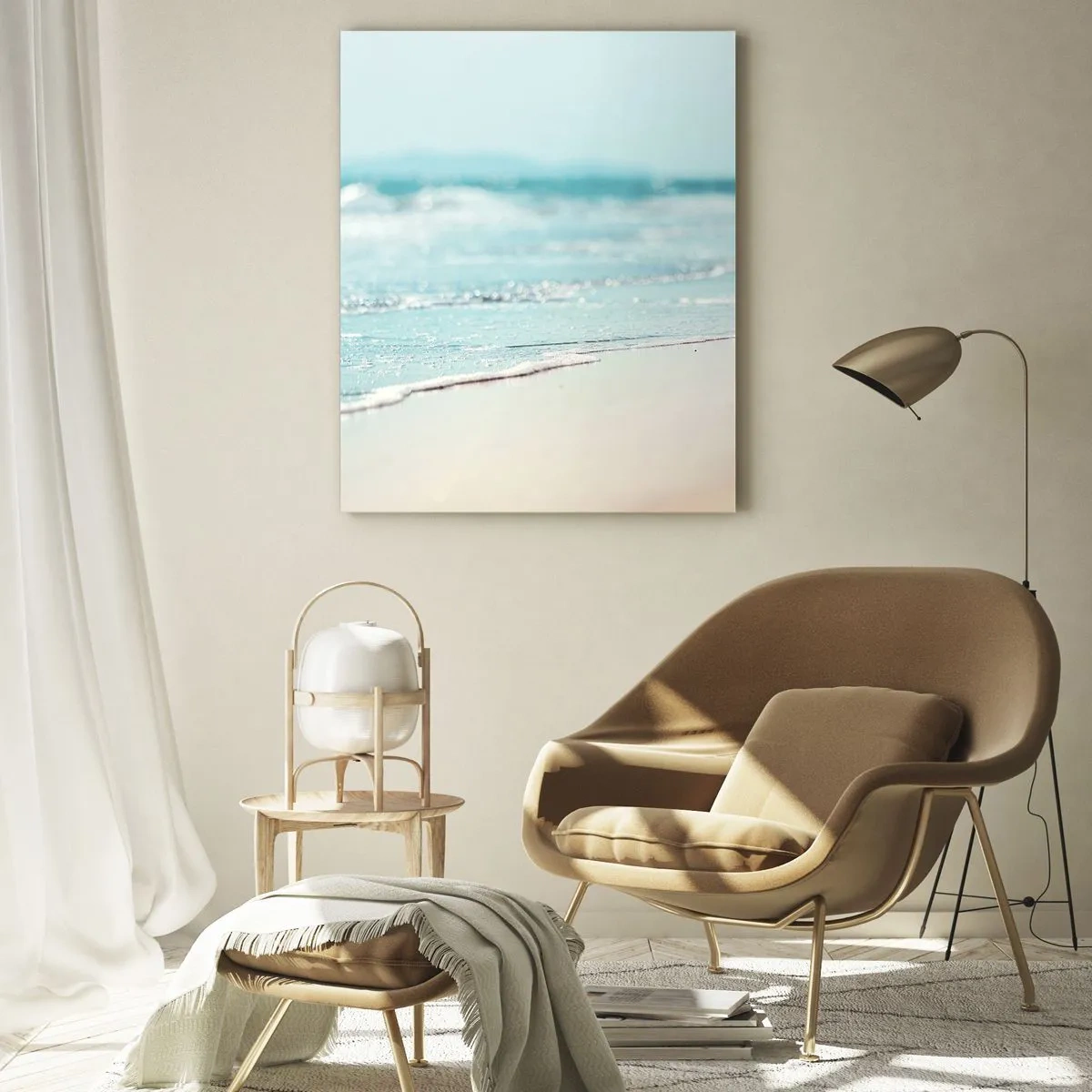 Cuadro sobre vidrio - Impresiones sobre Vidrio - Suaves olas del océano en una playa de arena - 70x100cm - Calor y brisa - Decoración de pared moderna para salón y dormitorio ARTTOR