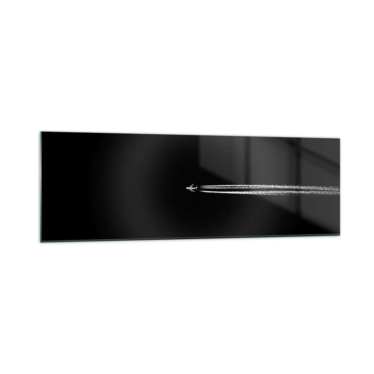 Cuadro sobre vidrio - Impresiones sobre Vidrio - Un avión a reacción con una estela de condensación visible sobre un fondo negro. - 160x50cm - En otra dimensión - Decoración de pared moderna para salón y dormitorio ARTTOR