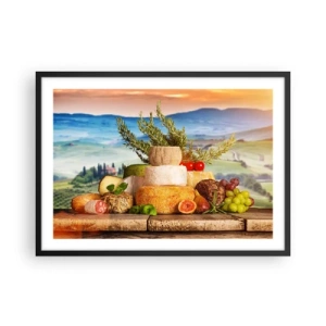 Póster en marco negro - Una composición de quesos y frutas con el paisaje toscano como telón de fondo. - 70x50cm - La alegría de vivir italiana - Decoración de pared moderna para salón y dormitorio ARTTOR