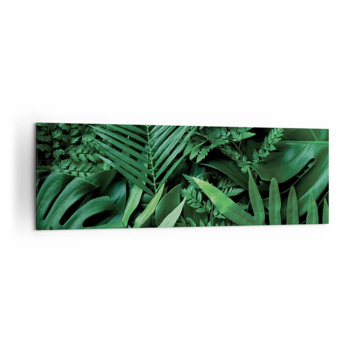 Cuadro sobre lienzo - Impresión de Imagen - Hojas tropicales verdes en una composición densa y natural. - 160x50cm - Abrazo verde - Decoración de pared moderna para salón y dormitorio ARTTOR
