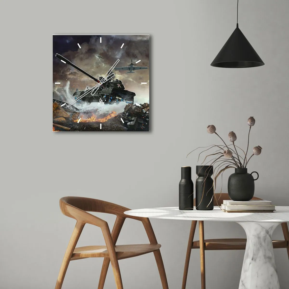 Reloj de pared - Reloj de vidrio - Escena de batalla con tanques y aviones al fondo. - 30x30cm - La batalla es terrible y hermosa - Decoración de pared moderna para salón y dormitorio ARTTOR