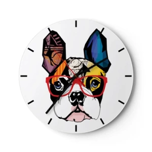 Reloj de pared - Reloj de vidrio - Dibujo colorido de un perro con gafas sobre un fondo blanco. - 30x30cm - El intelectual - Decoración de pared moderna para salón, cocina y dormitorio ARTTOR