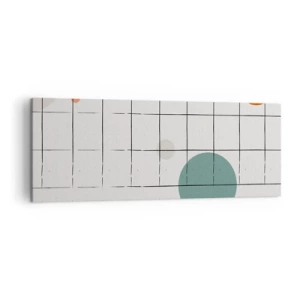 Cuadro sobre lienzo - Impresión de Imagen - Círculos de colores abstractos sobre un fondo de cuadrícula geométrica - 140x50cm - Atrapados. ¿Nosotros o ellos? - Decoración de pared moderna para salón y dormitorio ARTTOR