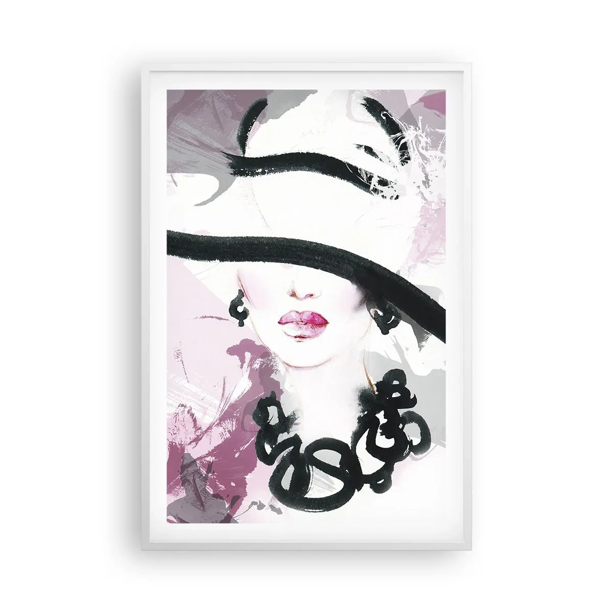 Póster en marco blanco - Retrato de una dama en negro y rosa - 61x91 cm