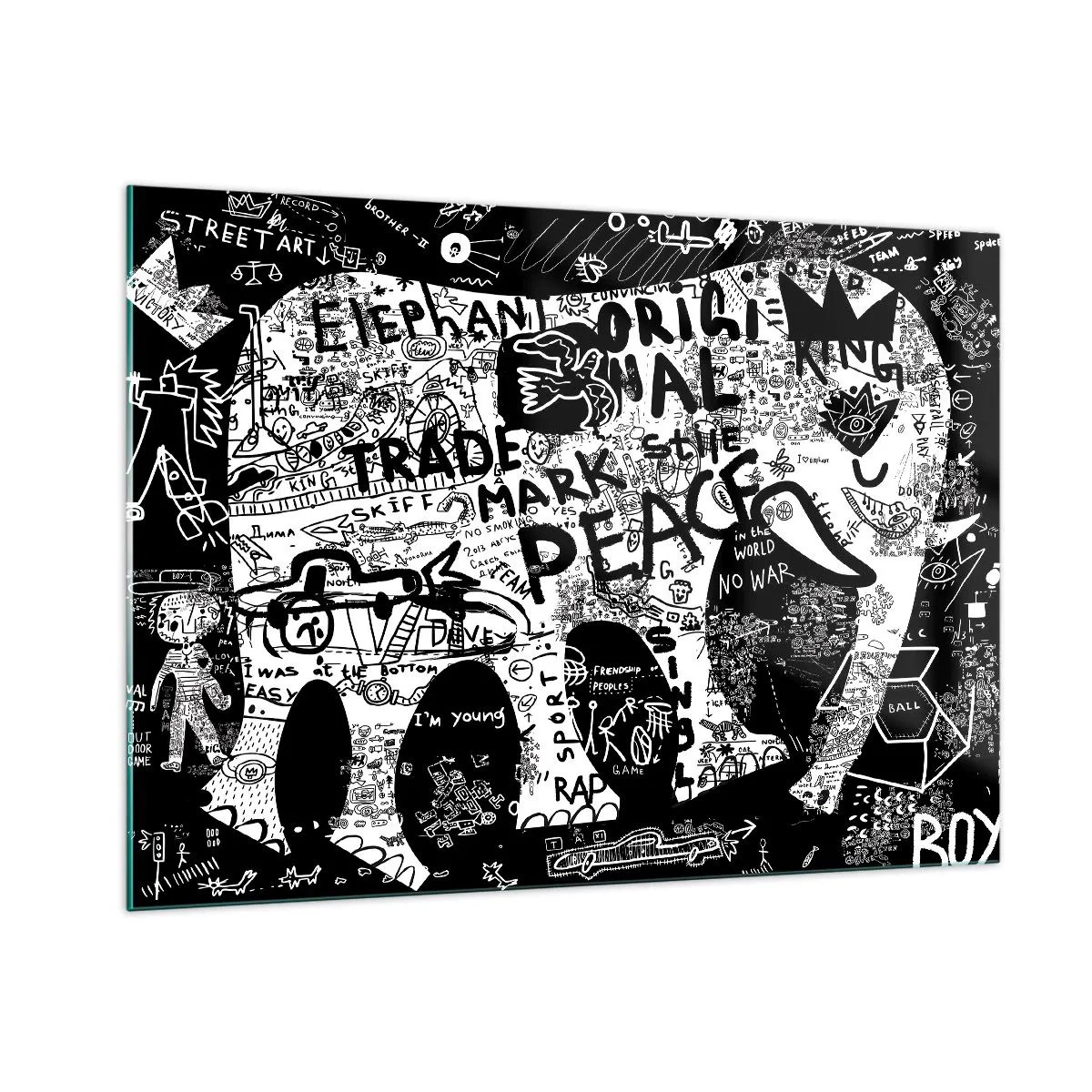 Cuadro sobre vidrio - Impresiones sobre Vidrio - Imagen de grafiti en blanco y negro con temas de paz y libertad. - 100x70cm - El rico mundo de la calle - Decoración de pared moderna para salón y dormitorio ARTTOR